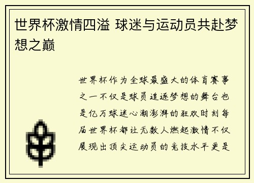世界杯激情四溢 球迷与运动员共赴梦想之巅